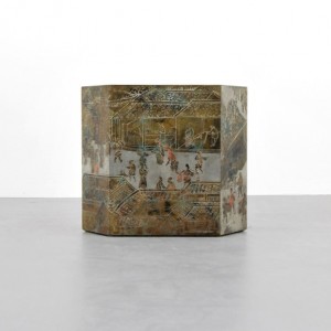 Philip & Kelvin LaVerne made hexagonal end tables decorated with etched scenes of a Chinese festival procession. This well-preserved example, complete with touches of color, sold for $7,930 in Palm Beach last November. Courtesy Palm Beach Modern